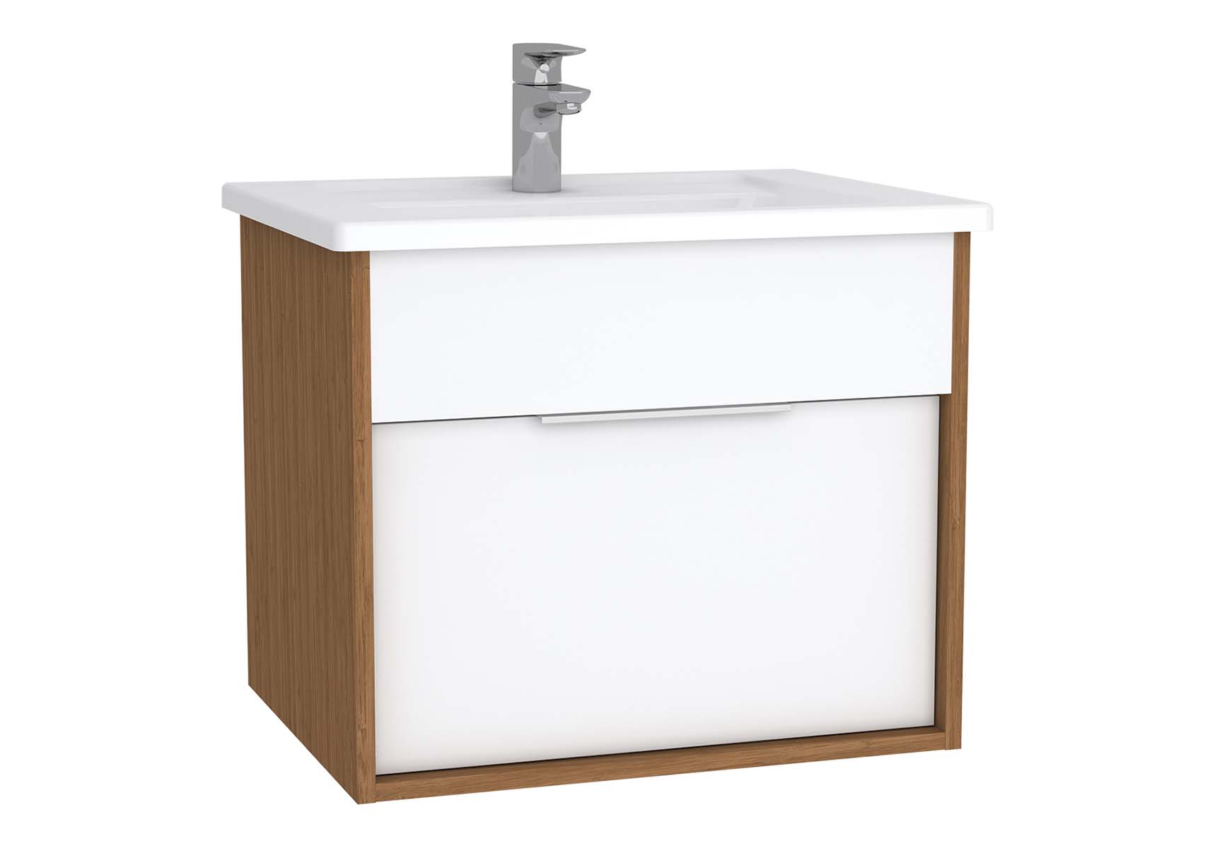 Integra Washbasin Unit, 60 cm, with 1 drawer, with vanity basin, White High Gloss & Bamboo