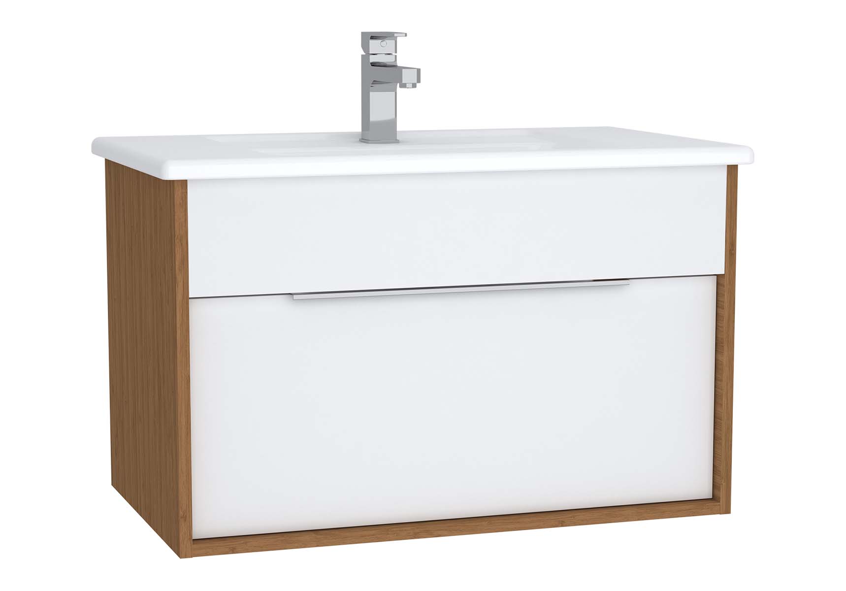Integra Washbasin Unit, 80 cm, with 1 drawer, with vanity basin, White High Gloss & Bamboo