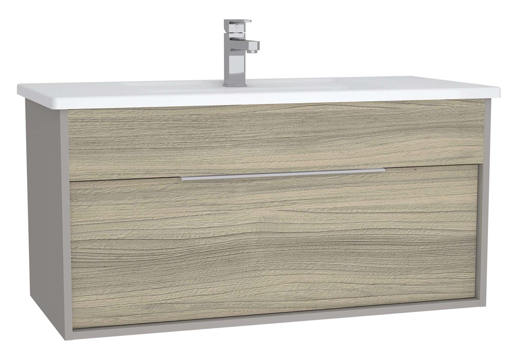 Integra Washbasin Unit, 100 cm, with 1 drawer, with vanity basin, White High Gloss & Bamboo