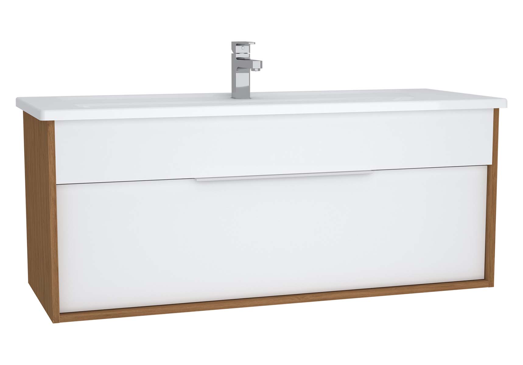 Integra Washbasin Unit, 120 cm, with 1 drawer, with vanity basin, White High Gloss & Bamboo