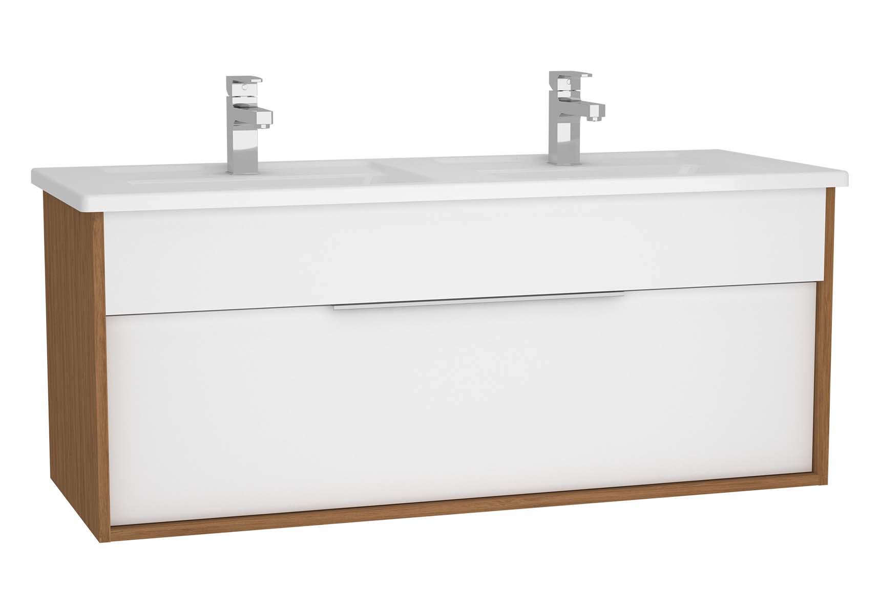 Integra Washbasin Unit, 120 cm, with 1 drawer, with double washbasin, White High Gloss & Bamboo