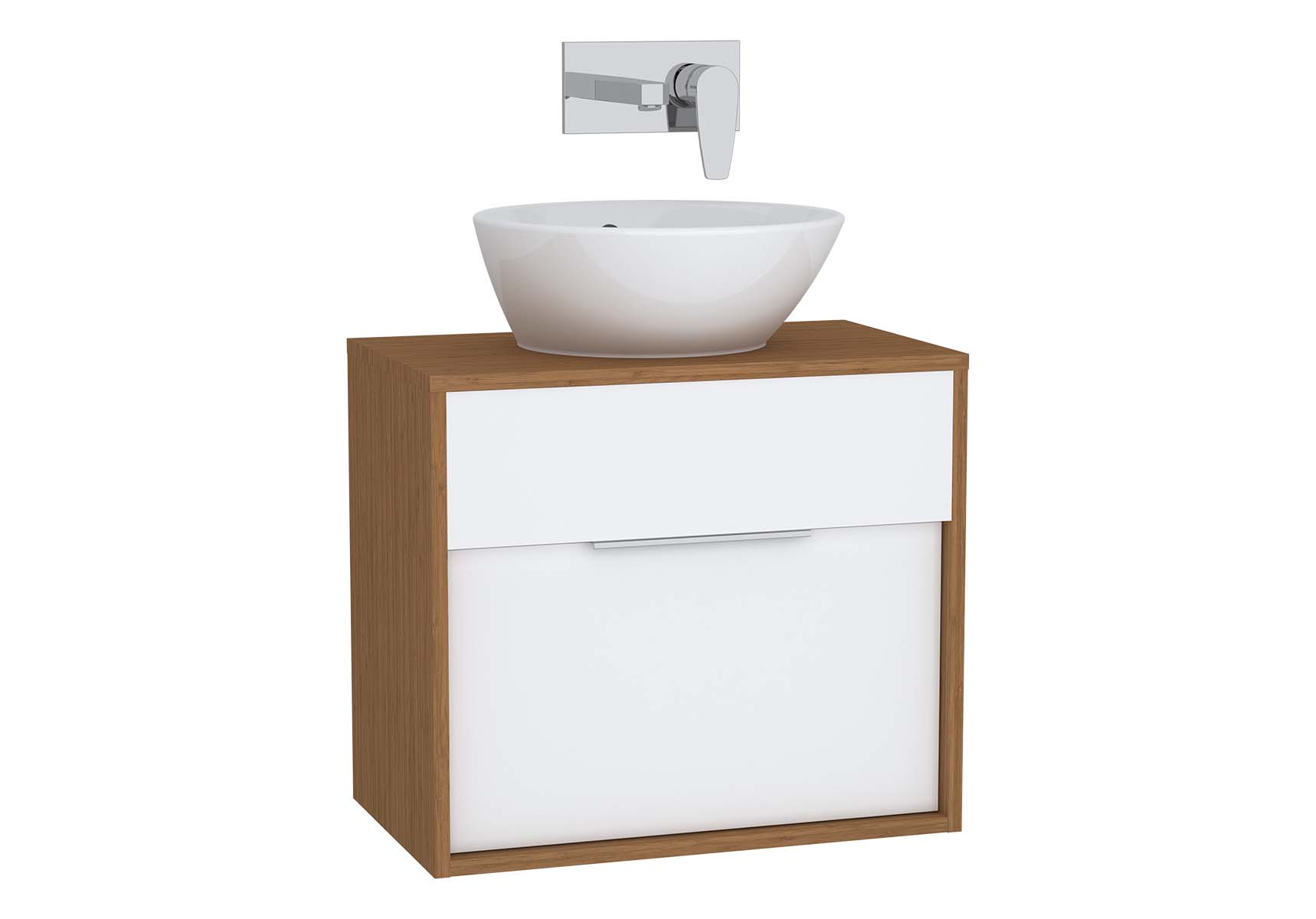 Integra Washbasin Unit, 60 cm, with 1 drawer, for countertop basins, with 34 cm depth, White High Gloss & Bamboo