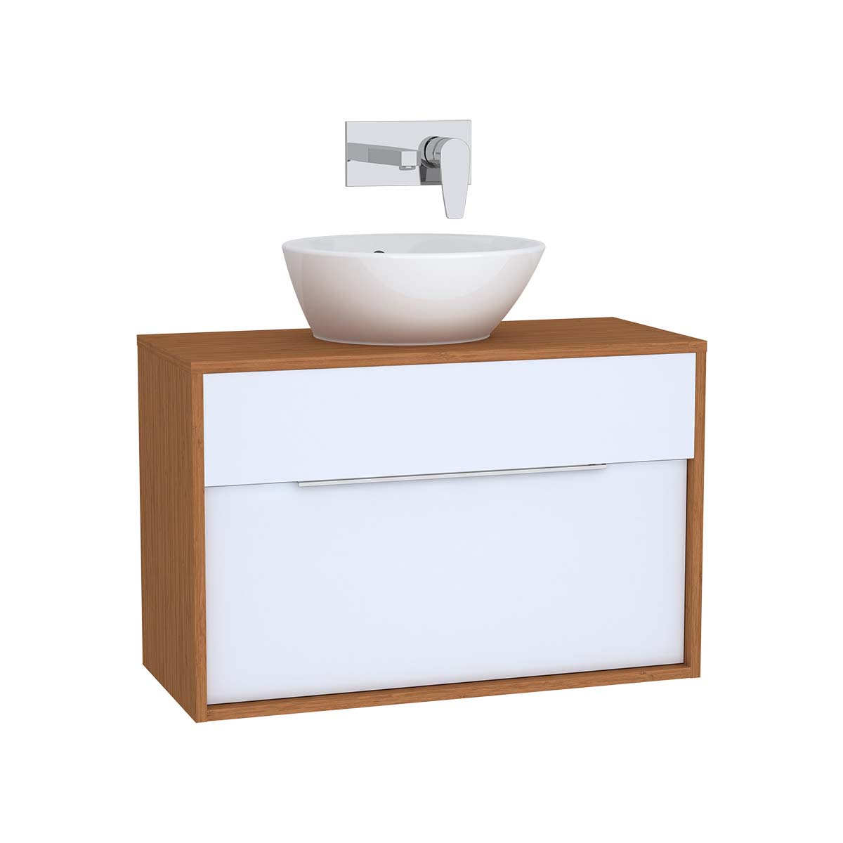 Integra Washbasin Unit, 80 cm, with 1 drawer, for countertop basins, with 34 cm depth, White High Gloss & Bamboo