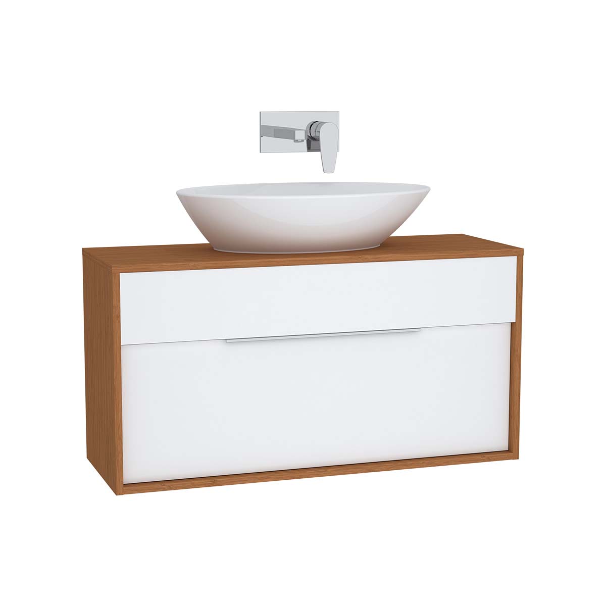 Integra Washbasin Unit, 100 cm, with 1 drawer, for countertop basins, with 34 cm depth, White High Gloss & Bamboo