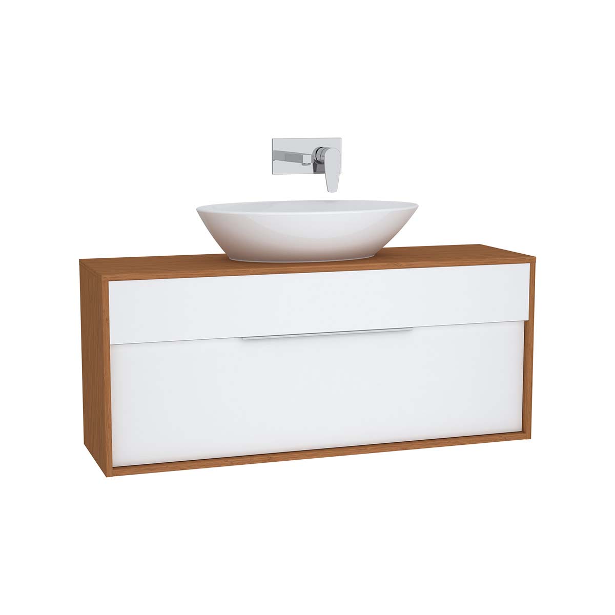 Integra Washbasin Unit, 120 cm, with 1 drawer, for countertop basins, with 34 cm depth, White High Gloss & Bamboo