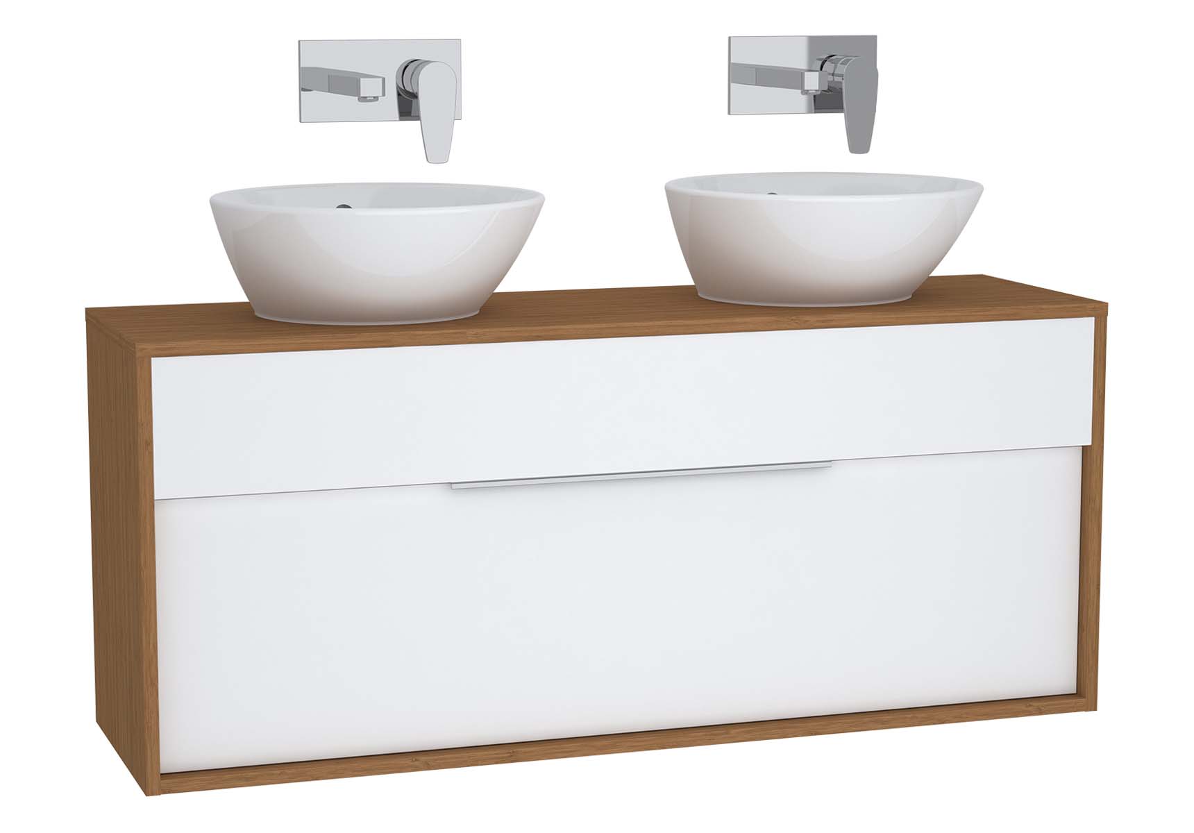 Integra Washbasin Unit, 120 cm, with 1 drawer, for countertop basins, with 34 cm depth, White High Gloss & Bamboo, double