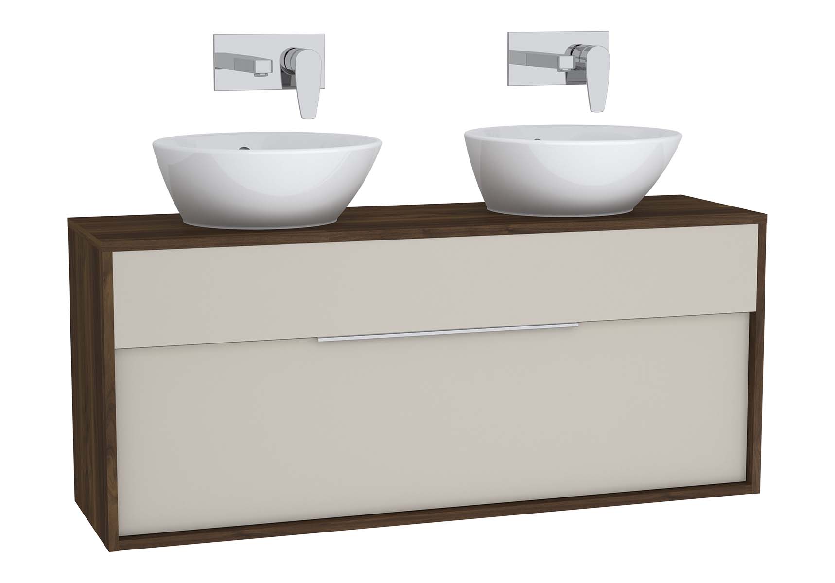 Integra Washbasin Unit, 120 cm, with 1 drawer, for countertop basins, with 34 cm depth, Cashmere & Metallic Walnut, double