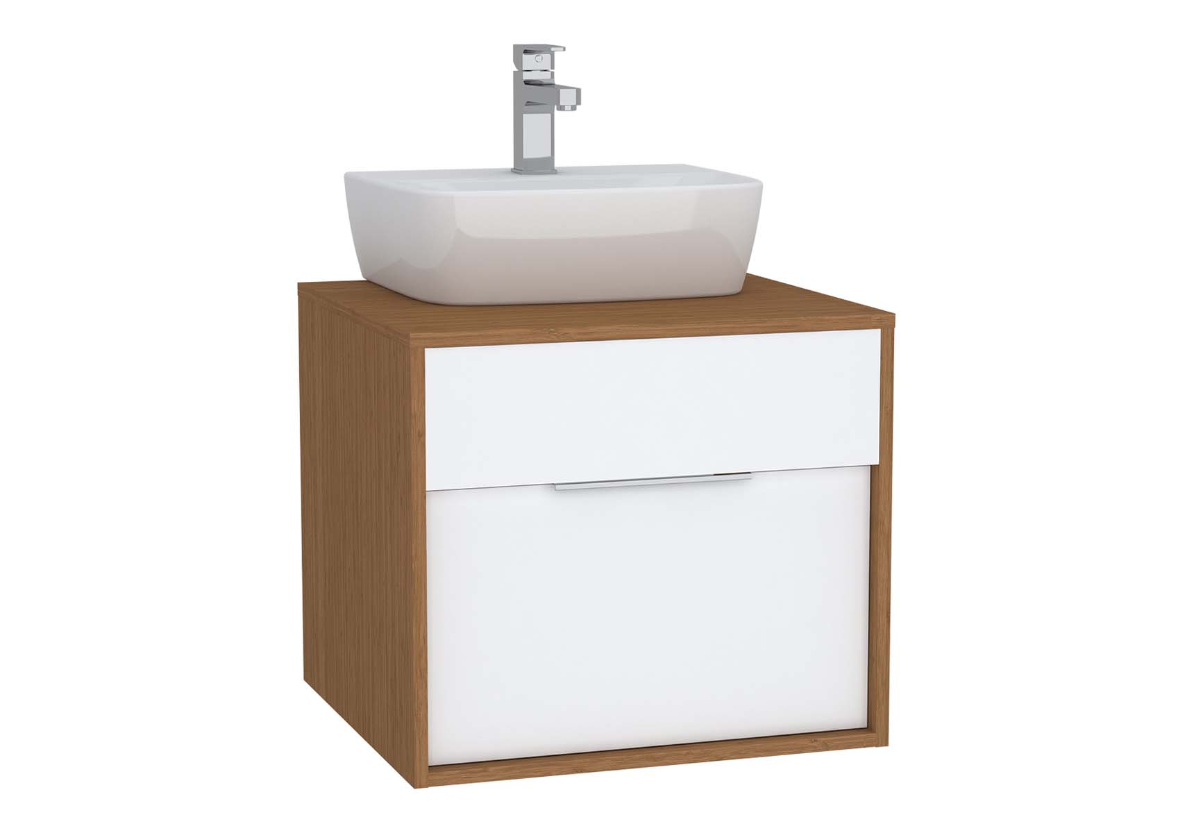 Integra Washbasin Unit, 60 cm, with 1 drawer, for countertop basins, with 53 cm depth, White High Gloss & Bamboo