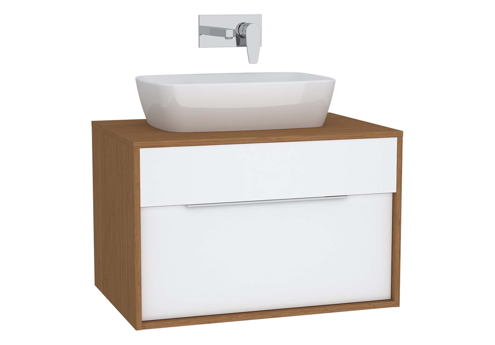 Integra Washbasin Unit, 80 cm, with 1 drawer, for countertop basins, with 53 cm depth, White High Gloss & Bamboo