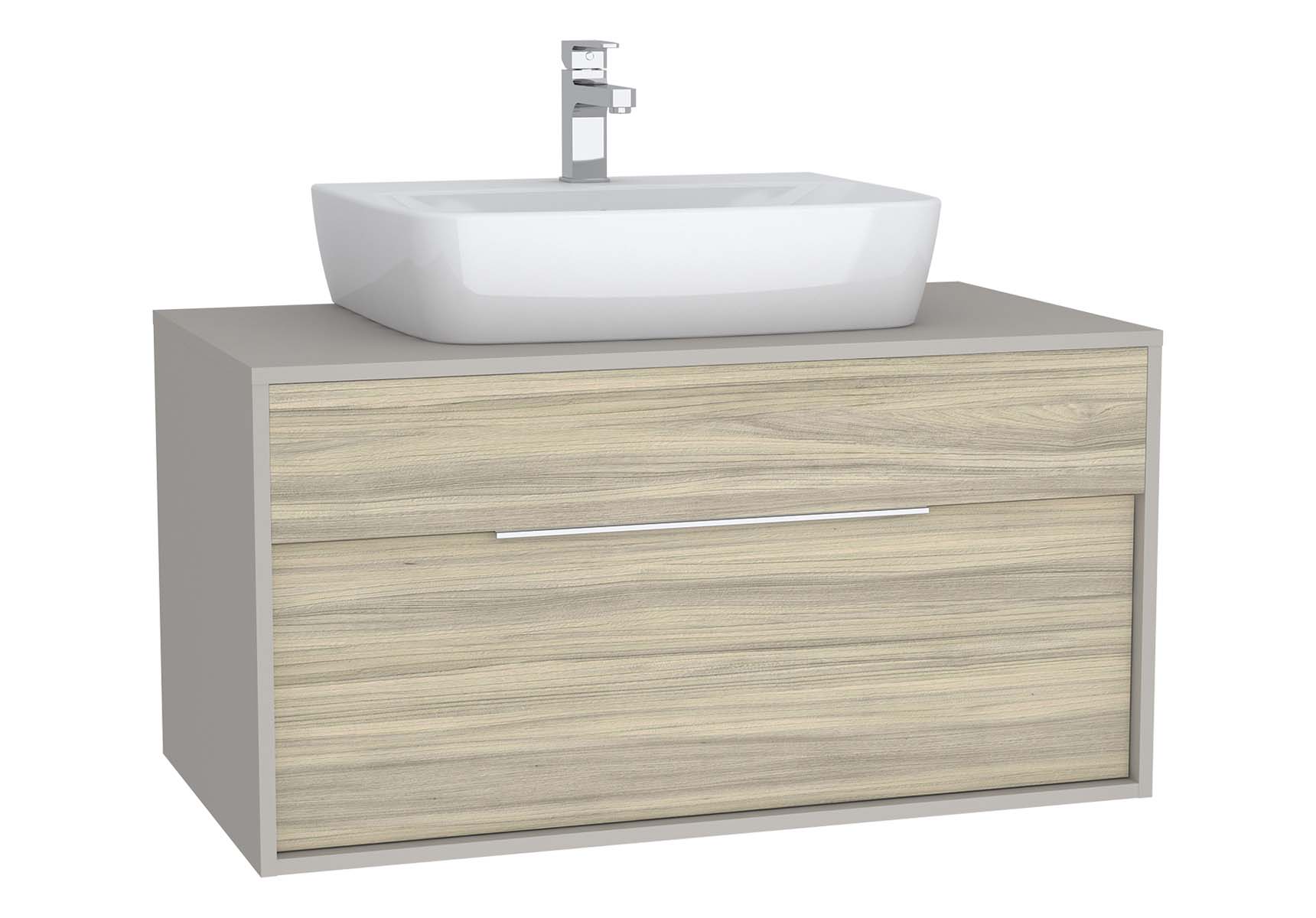 Integra Washbasin Unit, 100 cm, with 1 drawer, for countertop basins, with 53 cm depth, White High Gloss & Bamboo