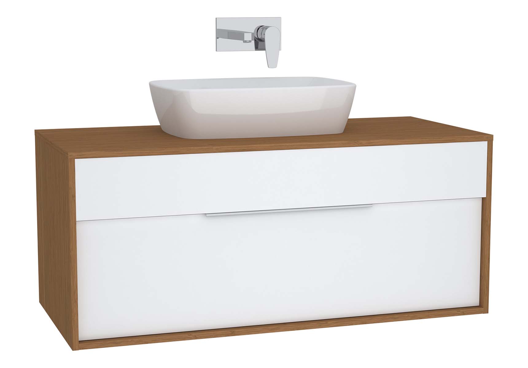 Integra Washbasin Unit, 120 cm, with 1 drawer, for countertop basins, with 53 cm depth, White High Gloss & Bamboo, middle