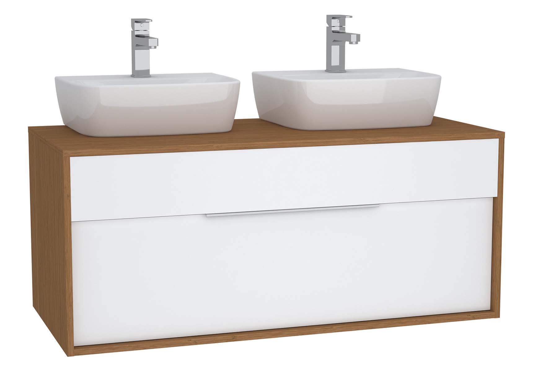 Integra Washbasin Unit, 120 cm, with 1 drawer, for countertop basins, with 53 cm depth, White High Gloss & Bamboo, double