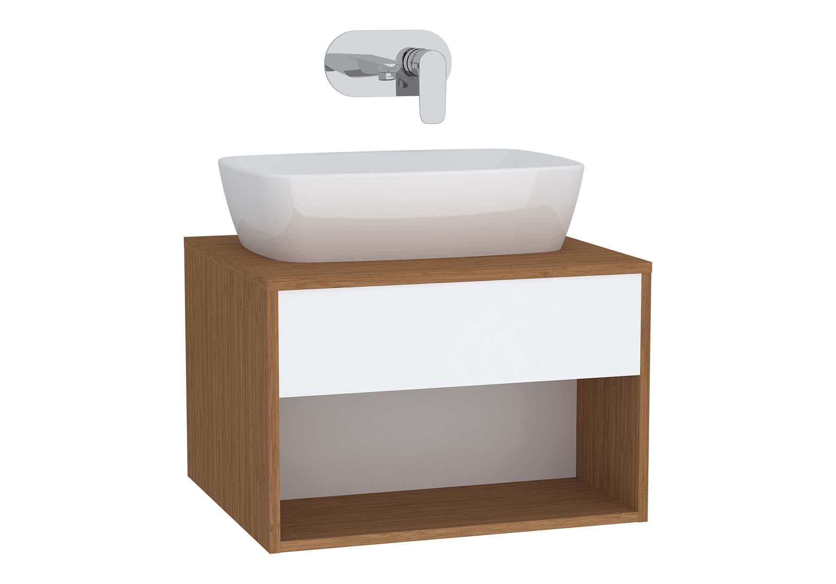 Integra Hotel Unit, 60 cm, for countertop basins, with 53 cm depth, White High Gloss & Bamboo