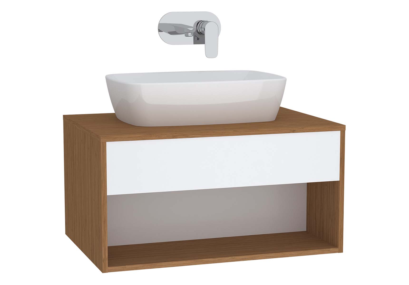 Integra Hotel Unit, 80 cm, for countertop basins, with 53 cm depth, White High Gloss & Bamboo