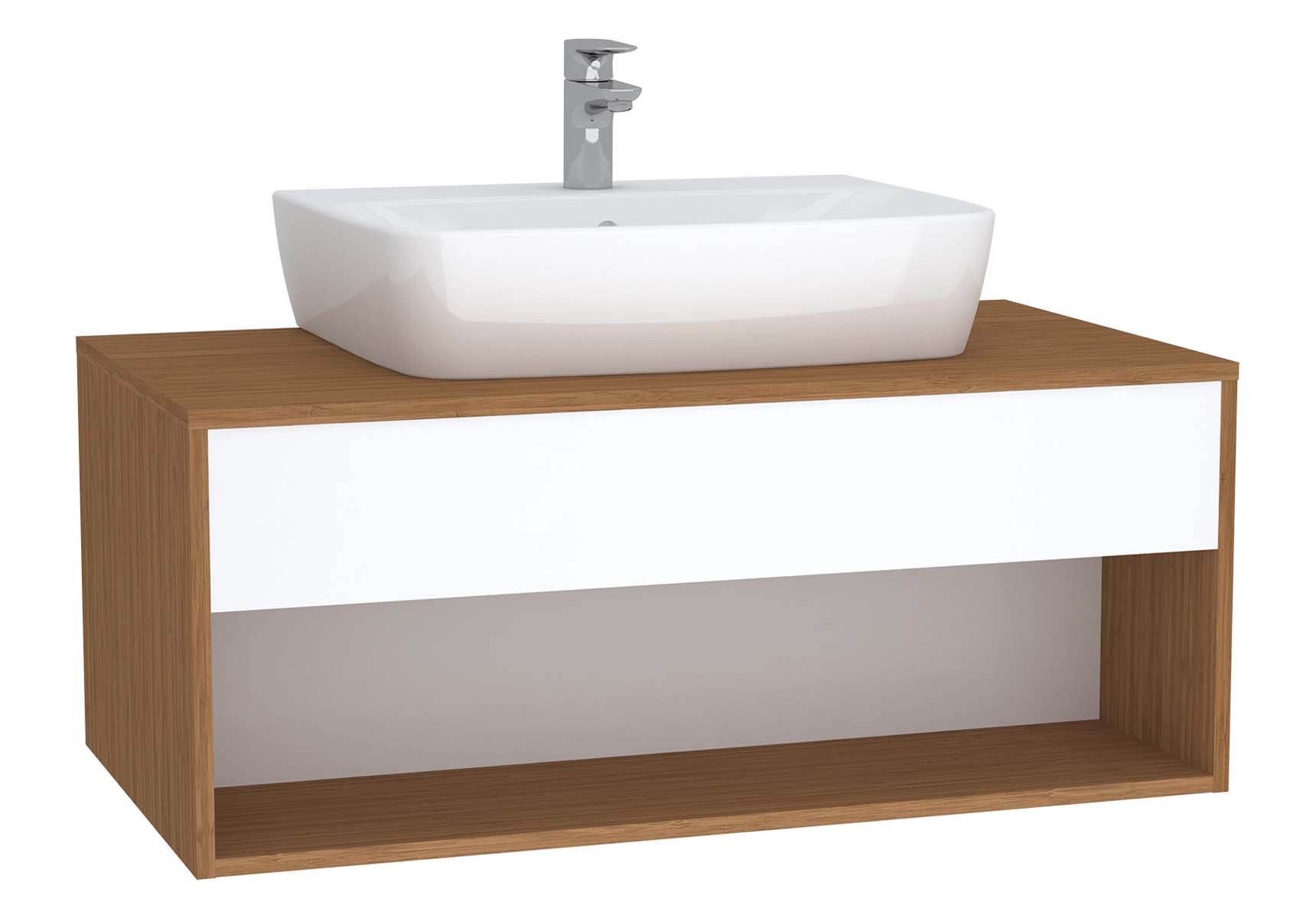 Integra Hotel Unit, 100 cm, for countertop basins, with 53 cm depth, White High Gloss & Bamboo