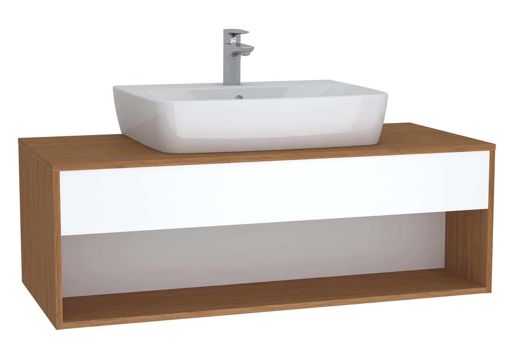 Integra Hotel Unit, 120 cm, for countertop basins, with 53 cm depth, White High Gloss & Bamboo, middle