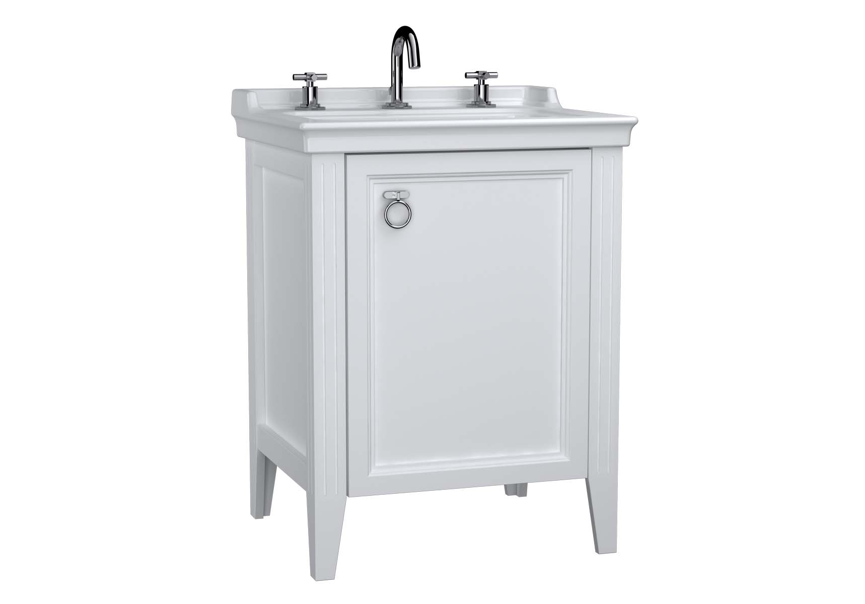 Valarte Washbasin Unit, 65 cm, with doors, with vanity washbasin, three faucet holes, Matte White,left