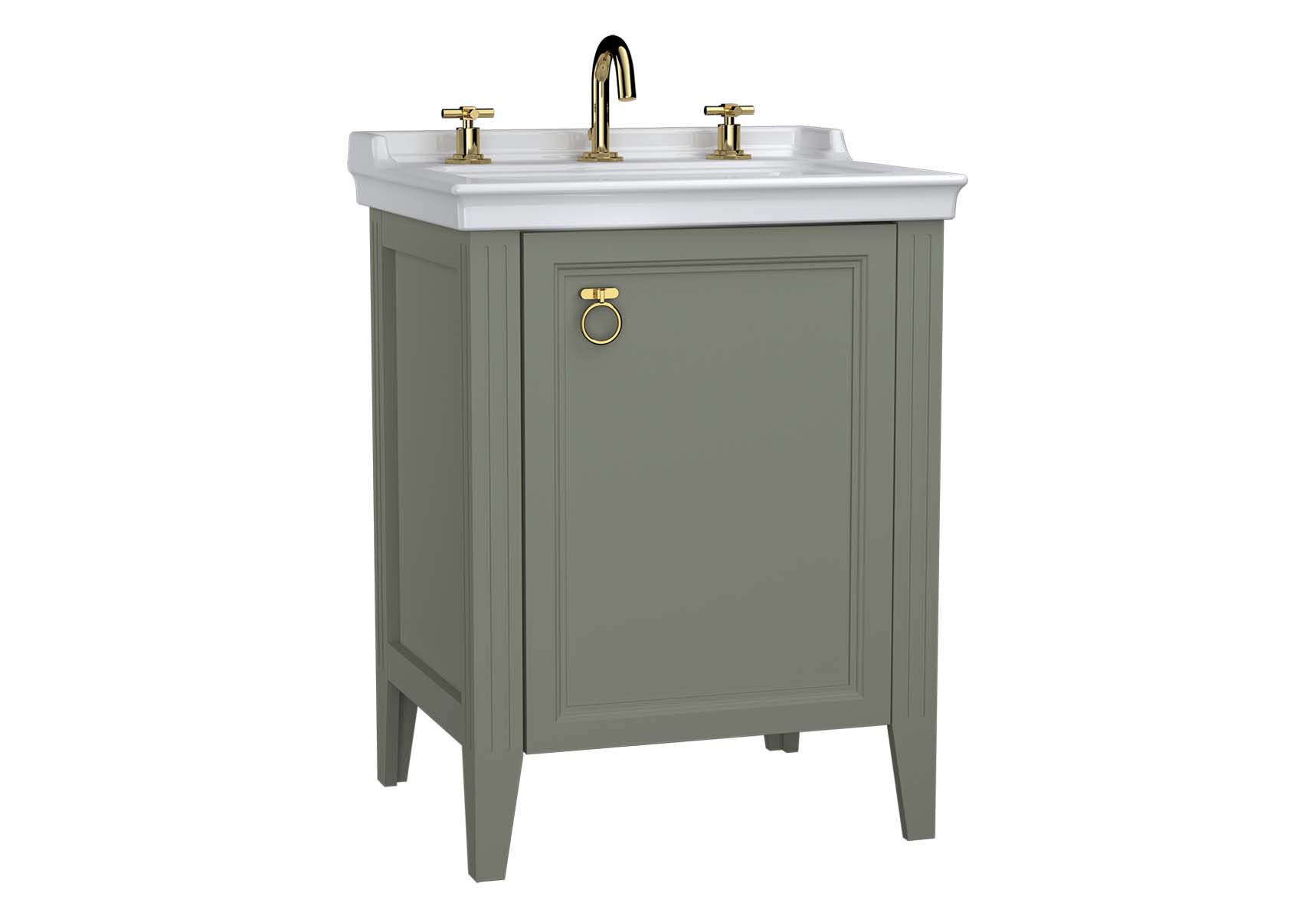 Valarte Washbasin Unit, 65 cm, with doors, with vanity washbasin, three faucet holes, Matte Grey,left