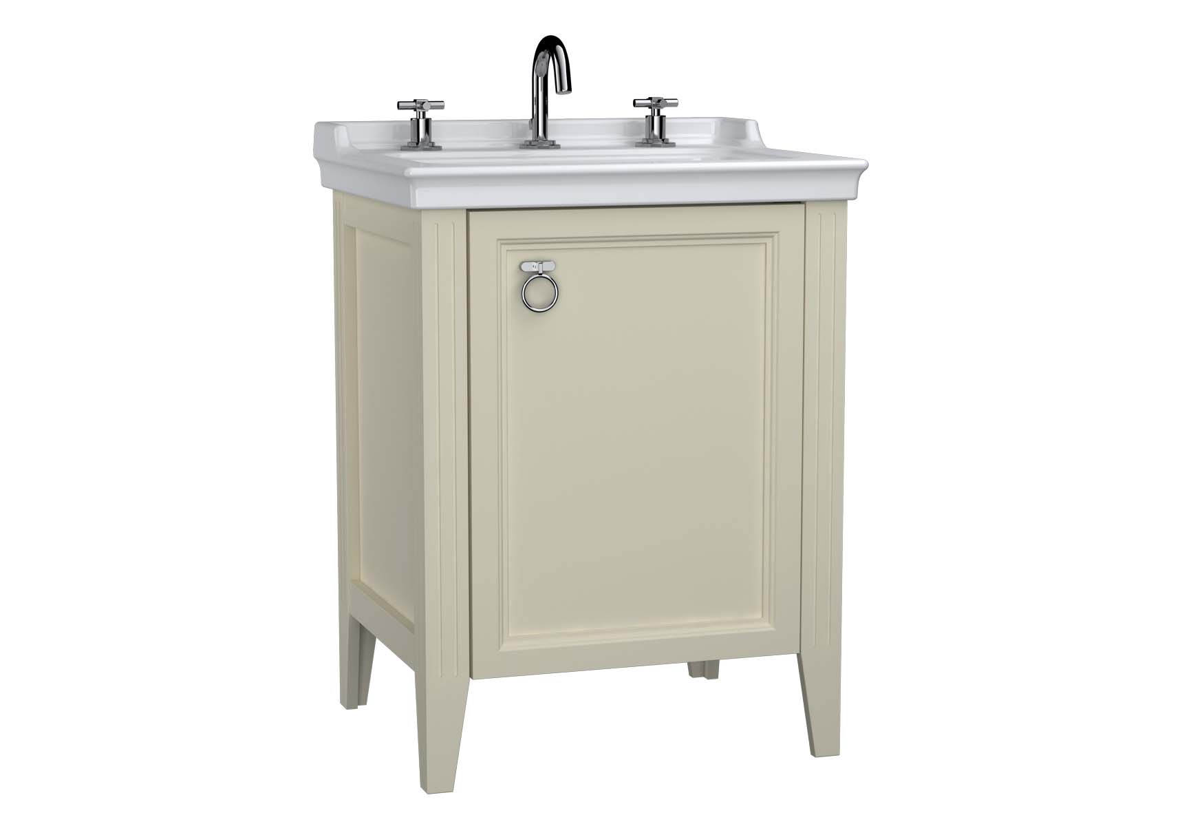 Valarte Washbasin Unit, 65 cm, with doors, with vanity washbasin, three faucet holes, Matte Ivory,left