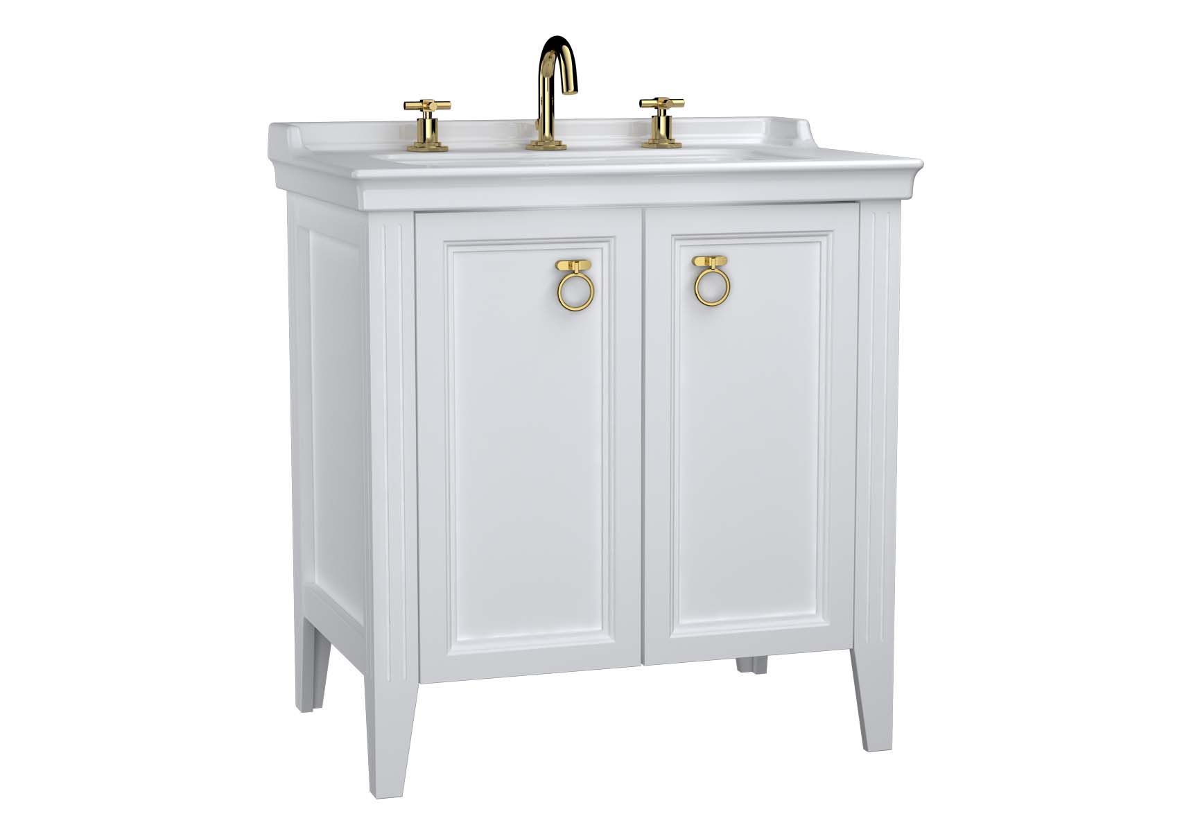 Valarte Washbasin Unit, 80 cm, with doors, with vanity washbasin, three faucet holes, Matte White