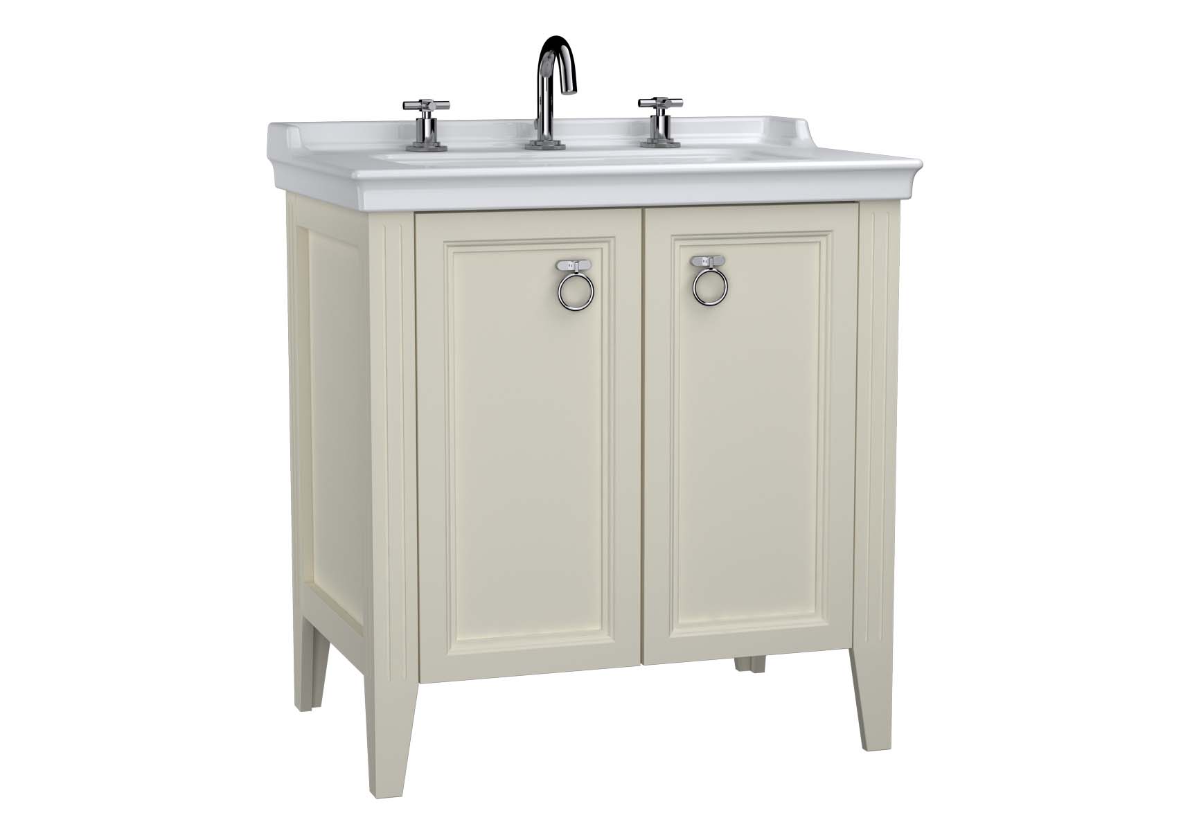 Valarte Washbasin Unit, 80 cm, with doors, with vanity washbasin, three faucet holes, Matte Ivory