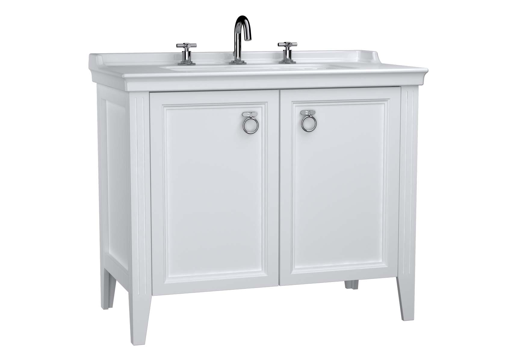 Valarte Washbasin Unit, 100 cm, with doors, with vanity washbasin, three faucet holes, Matte White