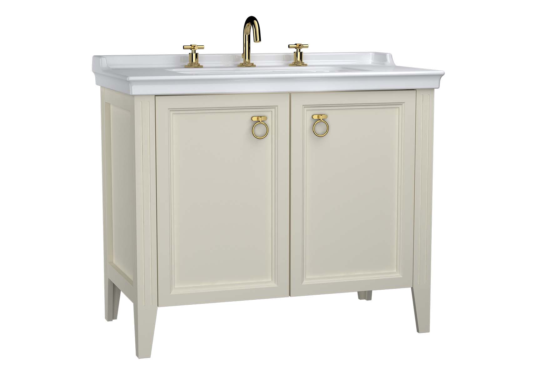 Valarte Washbasin Unit, 100 cm, with doors, with vanity washbasin, three faucet holes, Matte Ivory