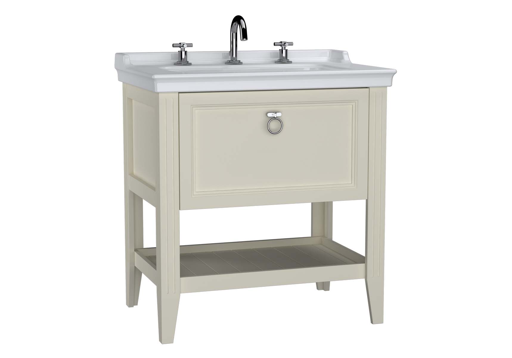 Valarte Washbasin Unit, 80 cm, with drawers, with vanity washbasin, three faucet holes, Matte Ivory