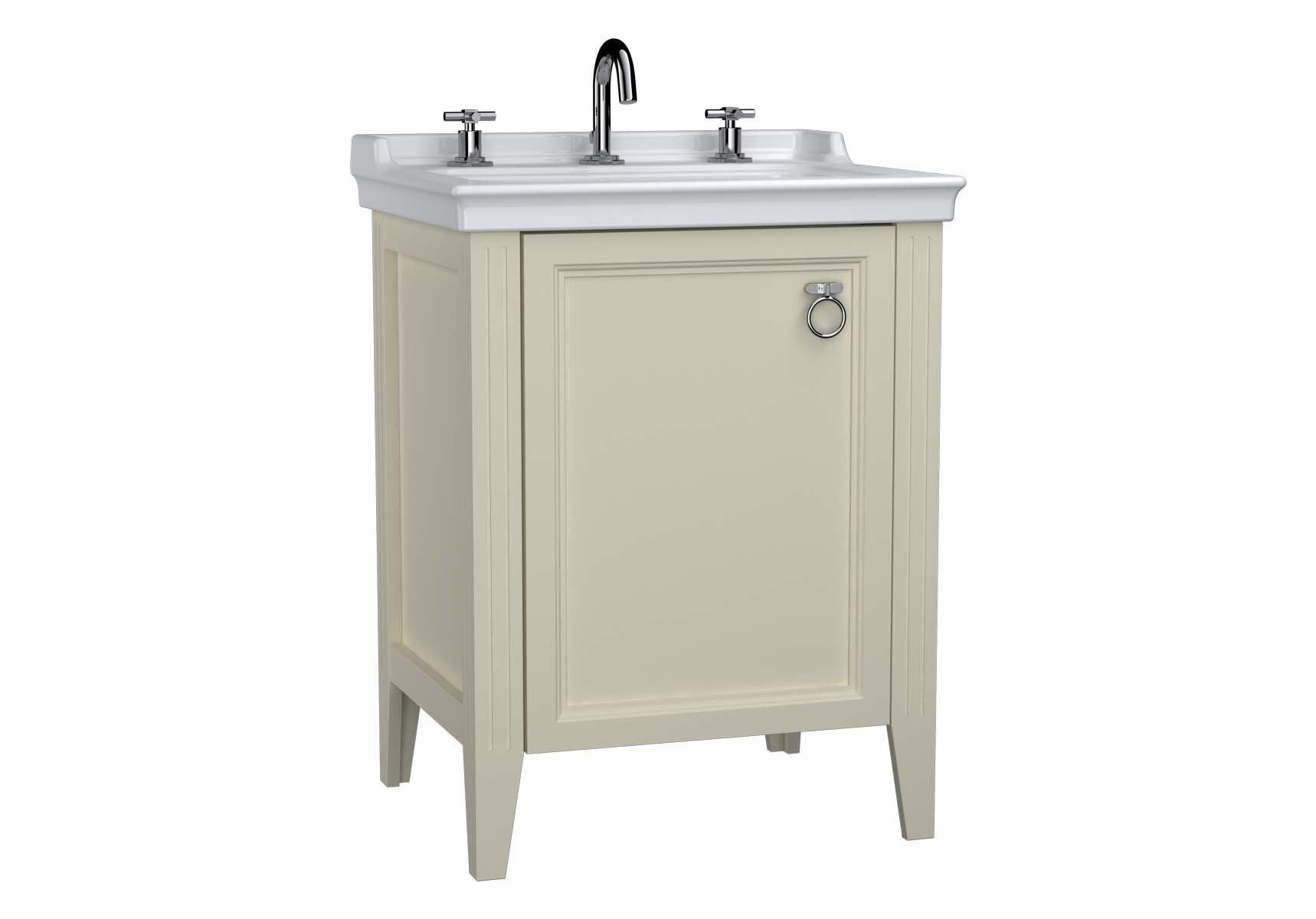 Valarte Washbasin Unit, 65 cm, with doors, with vanity washbasin, three faucet holes, Matte Ivory, right