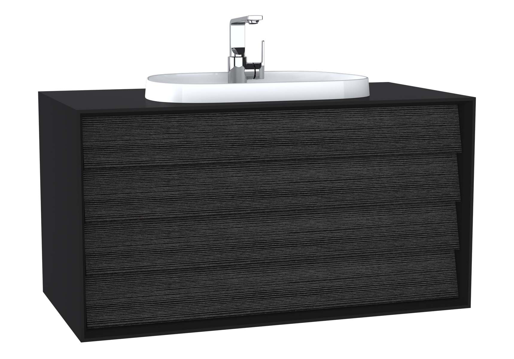 Frame Washbasin Unit, 100 cm, with 2 drawers, with countertop TV-shape washbasin, with faucet hole, Matte Black