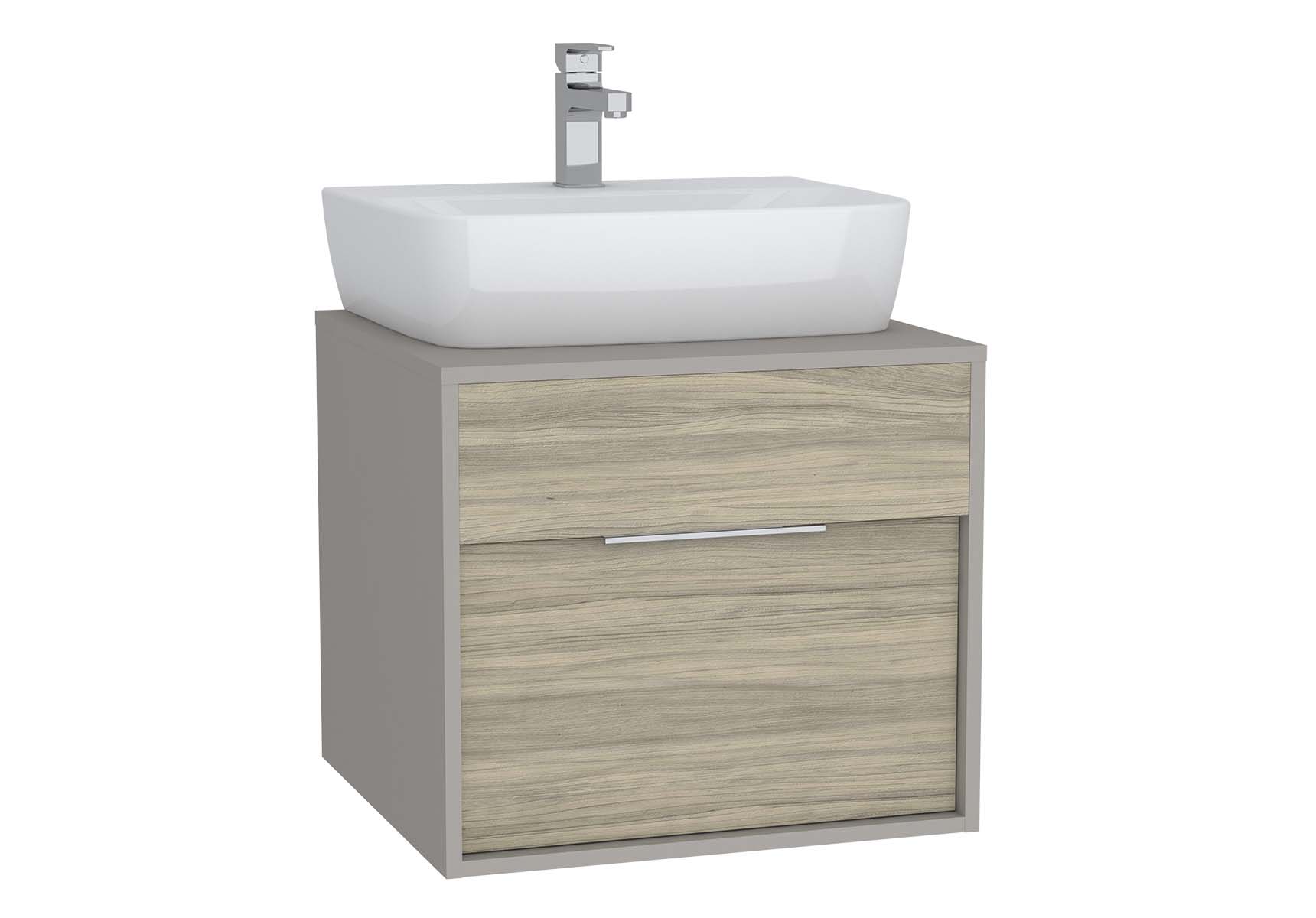 Integra Washbasin Unit, 60 cm, with 1 drawer, for countertop basins, with 53 cm depth, with U-cut, White High Gloss & Bamboo