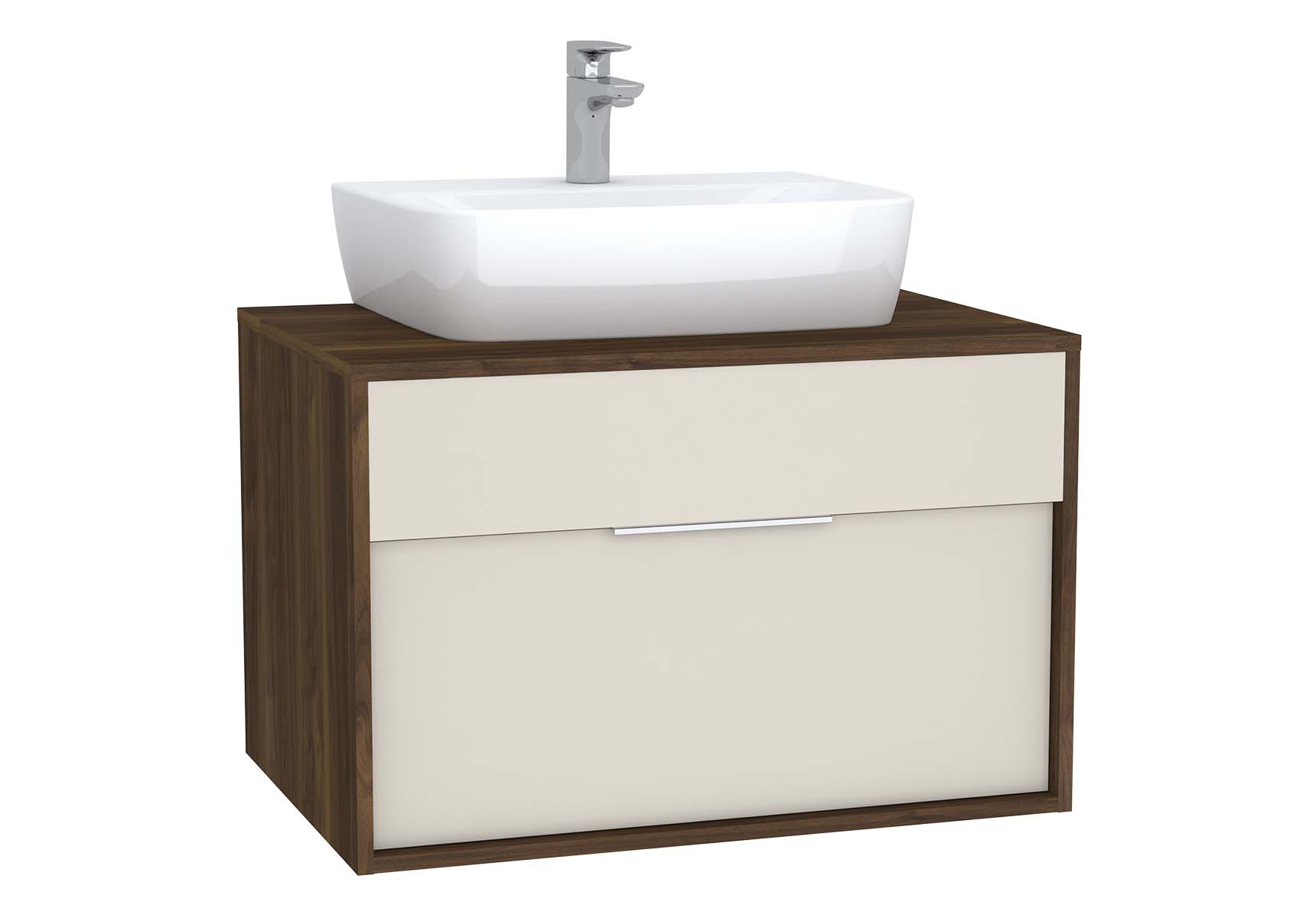 Integra Washbasin Unit, 80 cm, with 1 drawer, for countertop basins, with 53 cm depth, with U-cut, White High Gloss & Bamboo