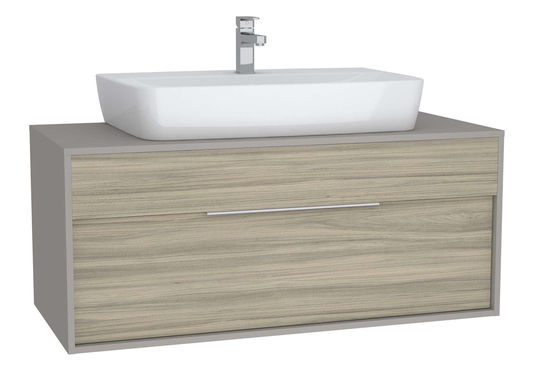Integra Washbasin Unit, 120 cm, with 1 drawer, for countertop basins, with 53 cm depth, with U-cut, White High Gloss & Bamboo, middle