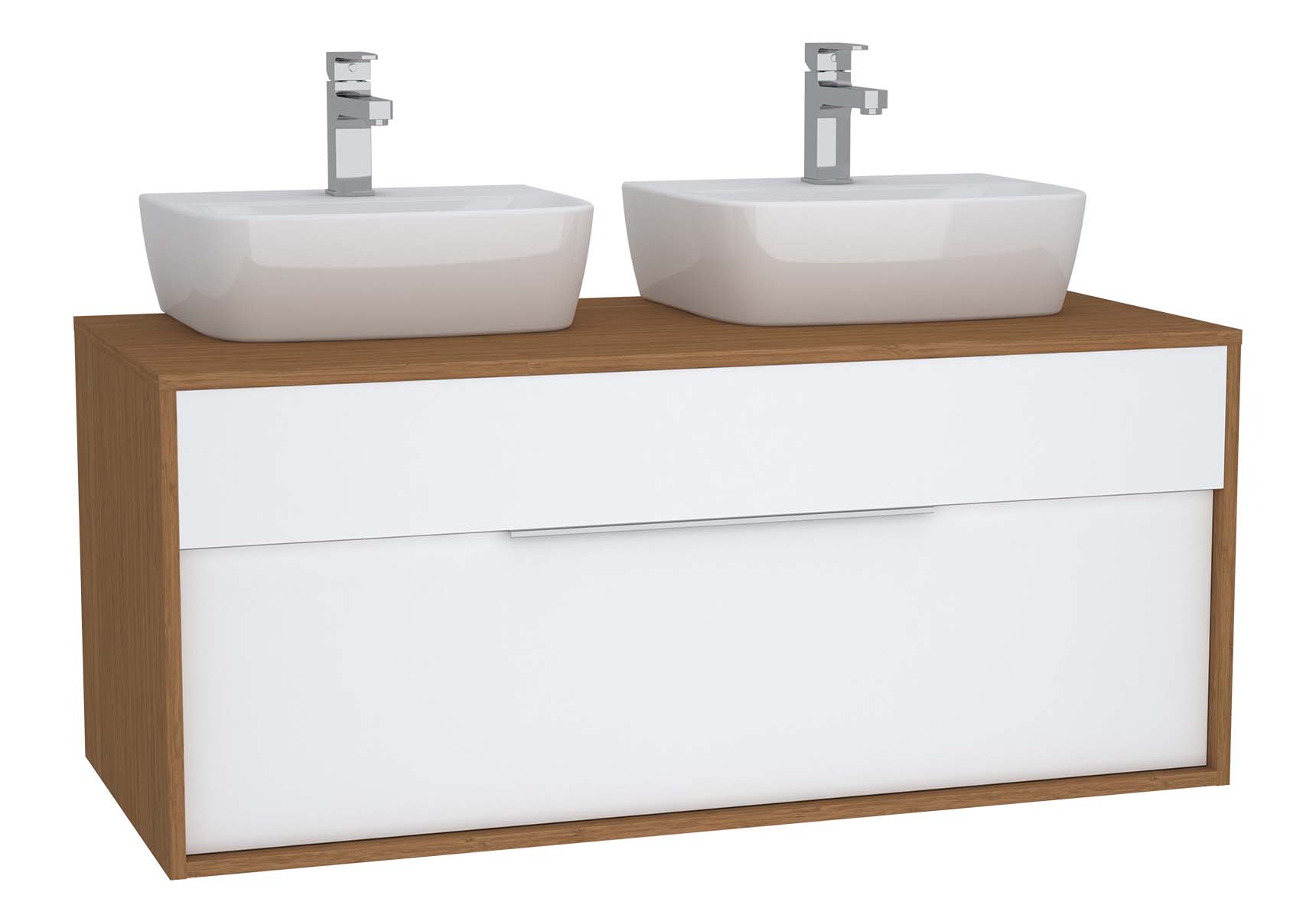 Integra Washbasin Unit, 120 cm, with 1 drawer, for countertop basins, with 53 cm depth, with U-cut, White High Gloss & Bamboo, double