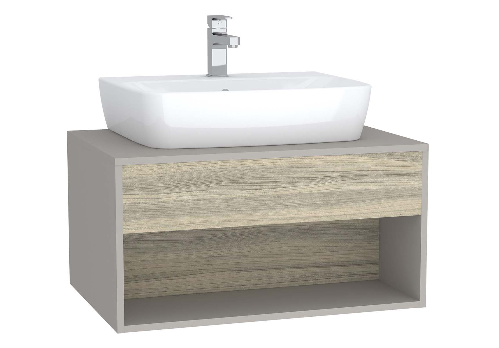 Integra Hotel Unit, 80 cm, for countertop basins, with 53 cm depth, with U-cut, White High Gloss & Bamboo