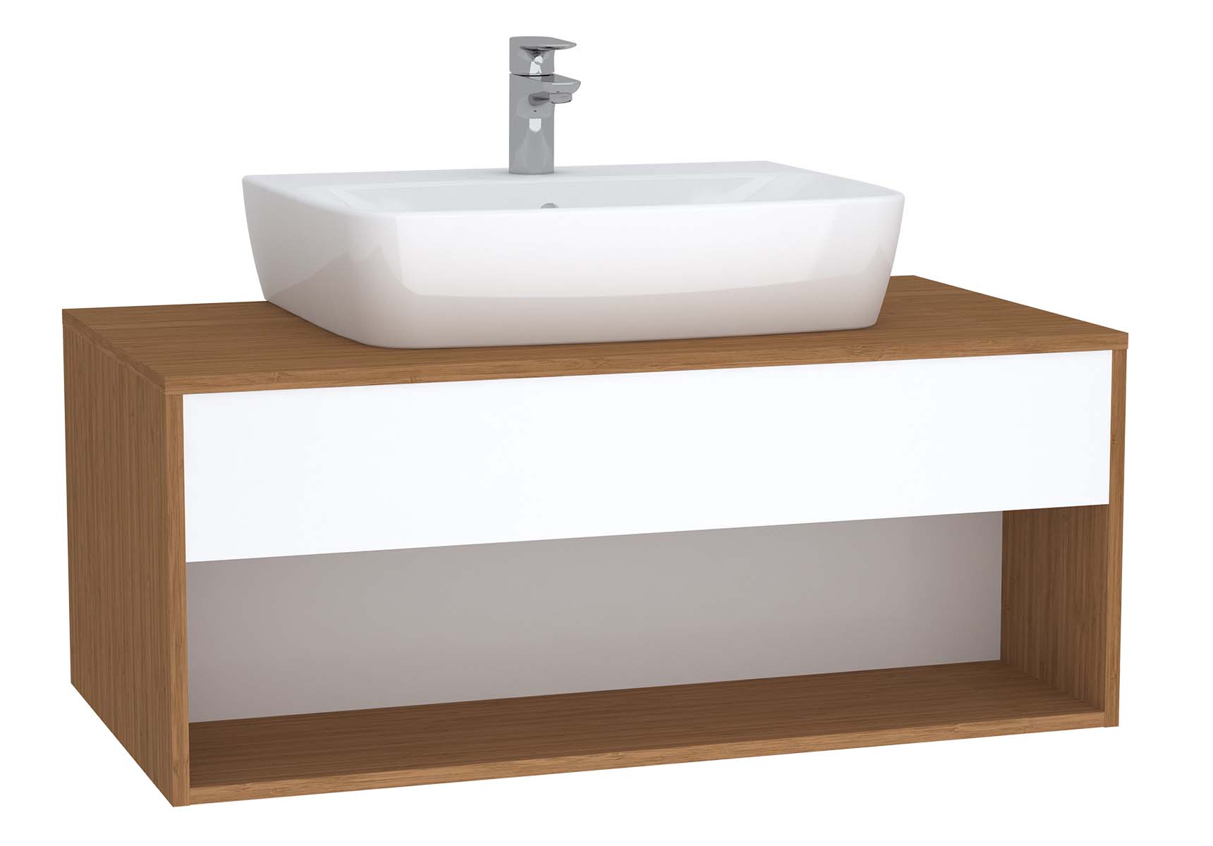 Integra Hotel Unit, 100 cm, for countertop basins, with 53 cm depth, with U-cut, White High Gloss & Bamboo