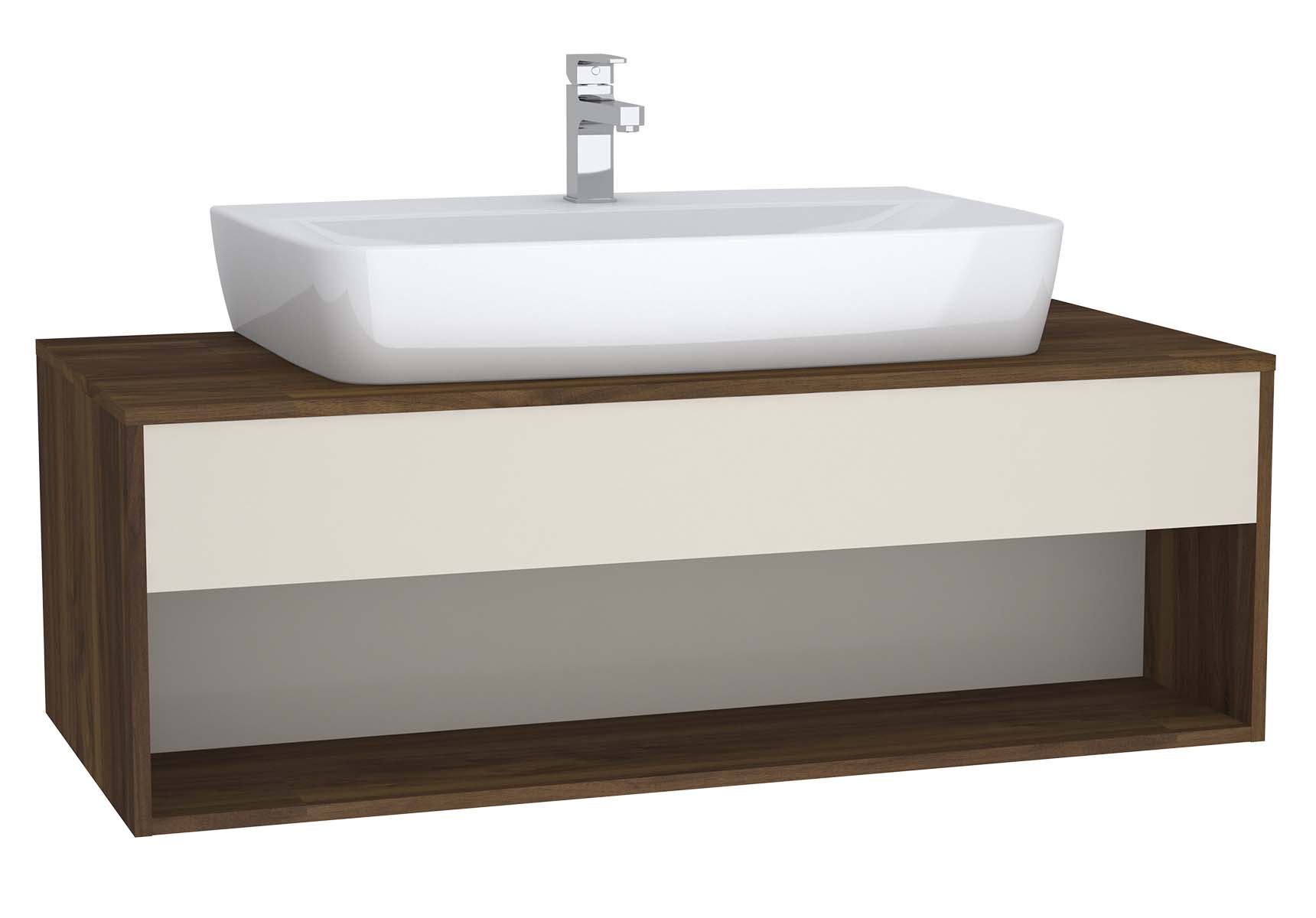 Integra Hotel Unit, 120 cm, for countertop basins, with 53 cm depth, with U-cut, White High Gloss & Bamboo, middle